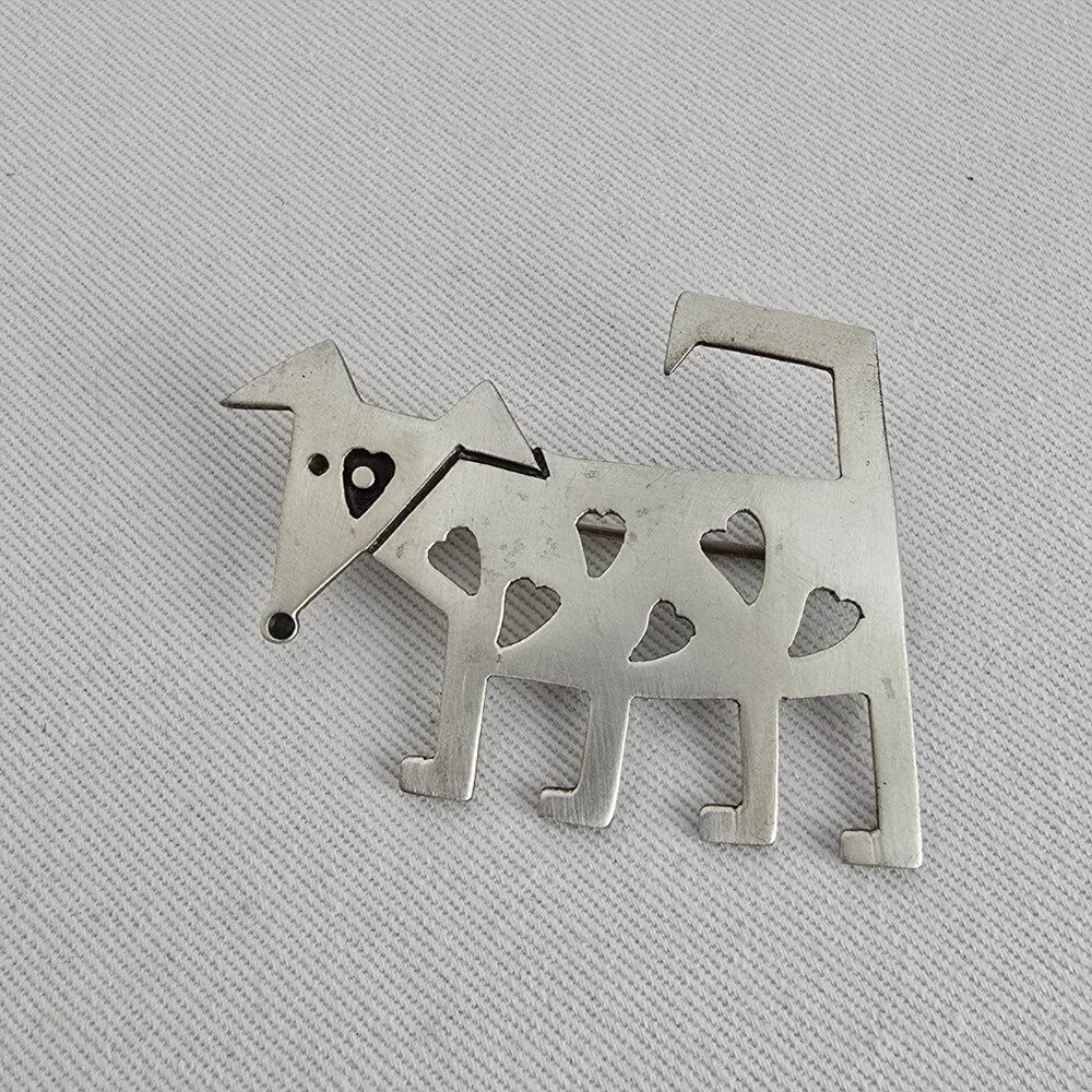 Vintage 925 Sterling Silver Dog Brooch Folk Art Heart Cutout